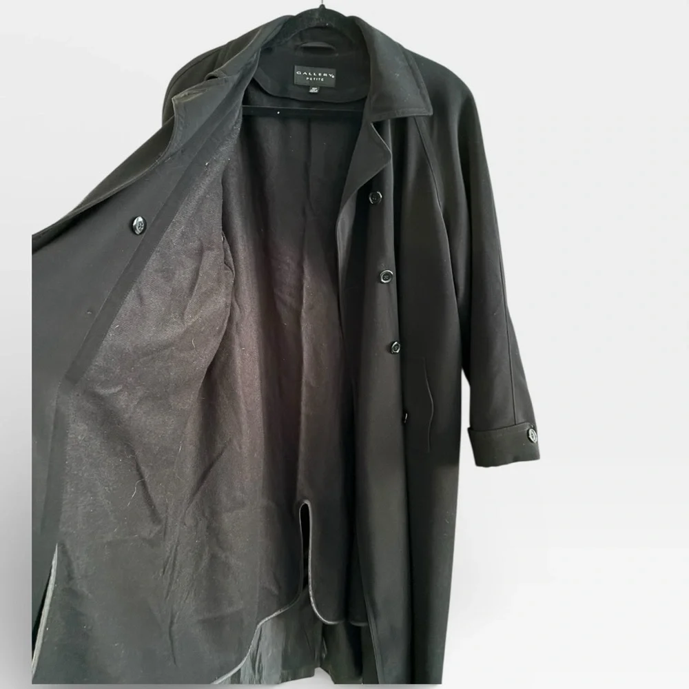 Vintage Gallery Long Black Classic Double Breasted Capsule Trench Coat Size 16P - Picture 7 of 11